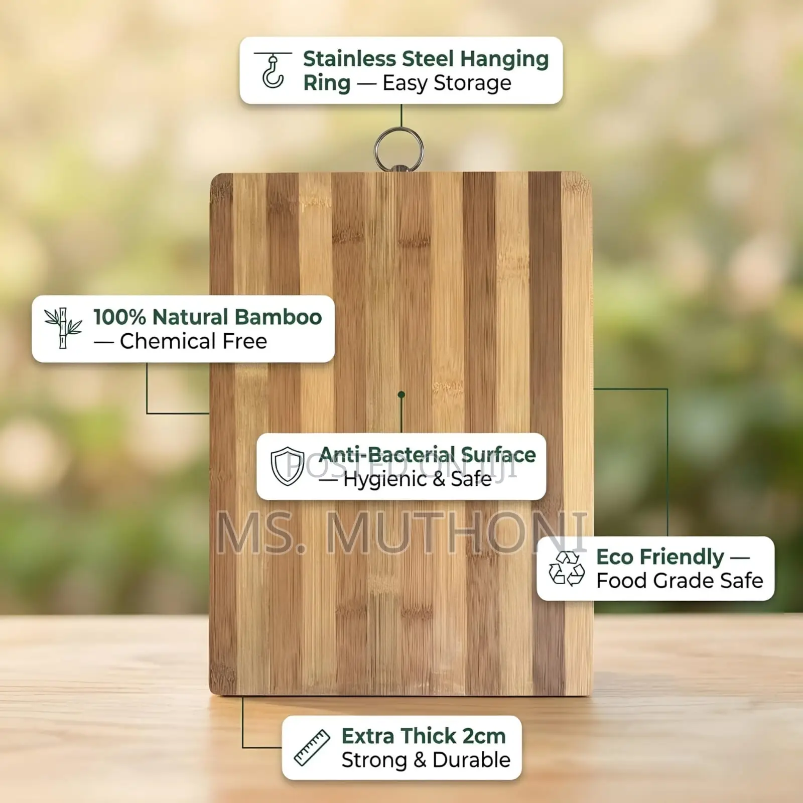 * Bamboo Chopping Board Featuring a Stainless Steel Hanging Ring.
