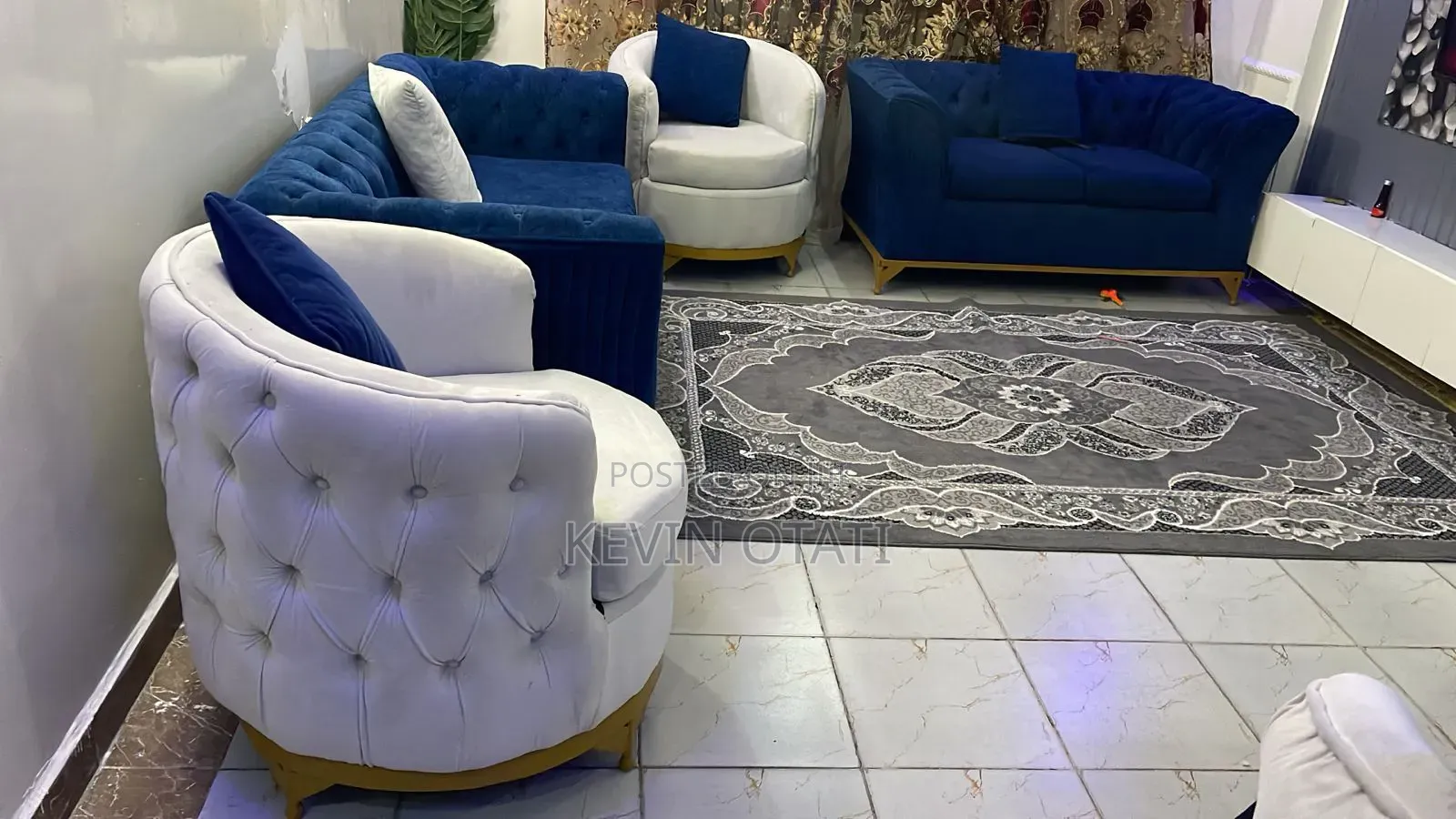 7 Seater Beautiful White and Blue Sofa Couch