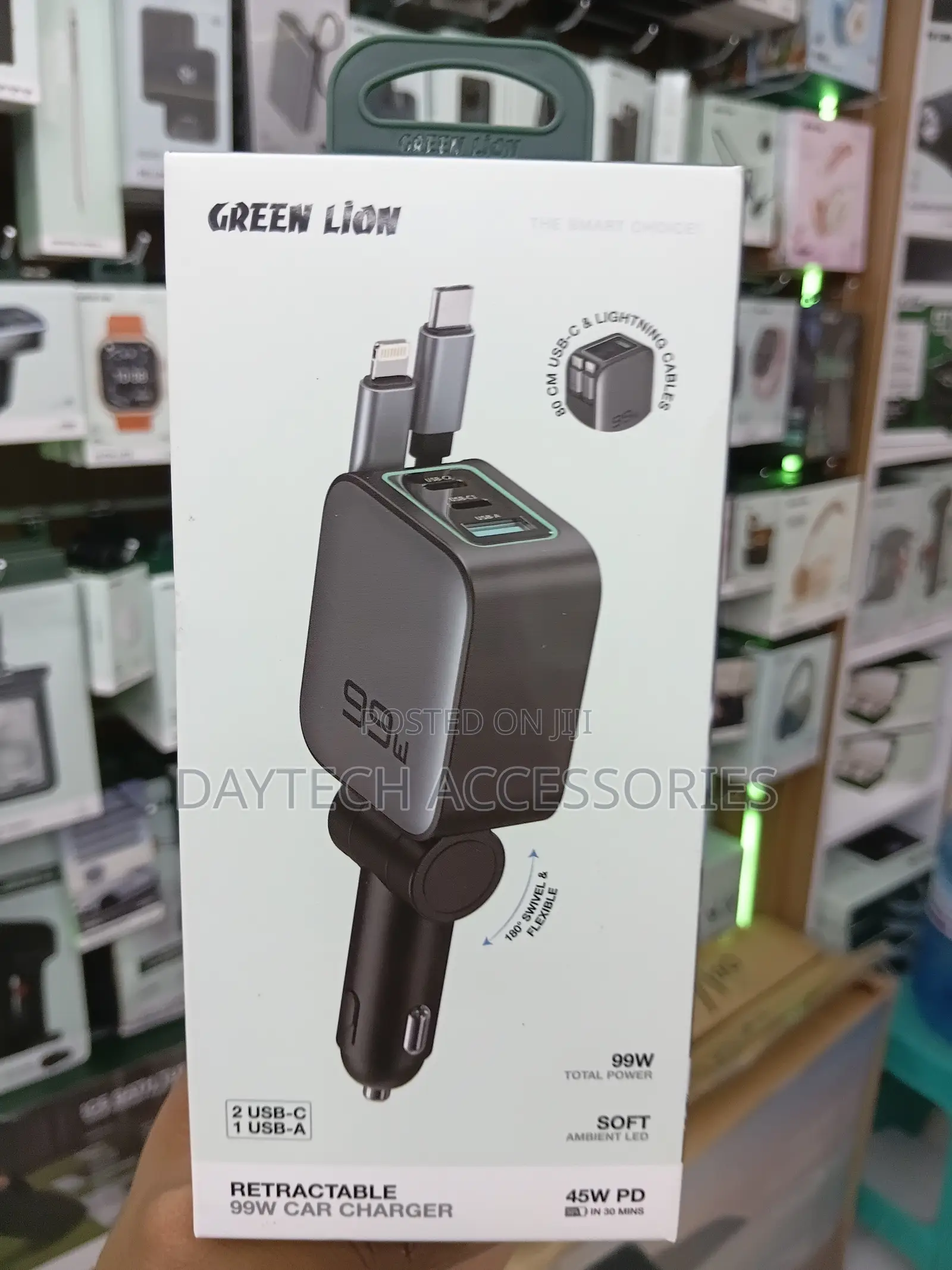 Green Lion Retractable 99w Car Charger Pd 45w - Black