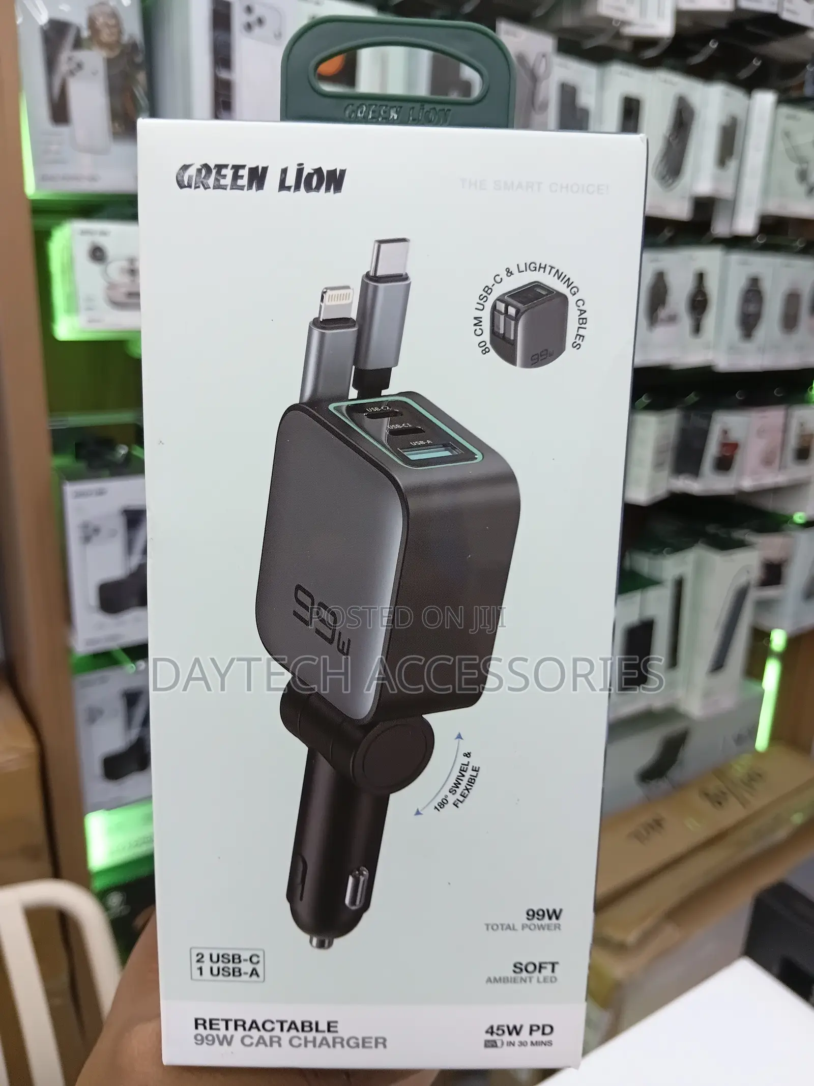 Green Lion Retractable 99w Car Charger Pd 45w - Black