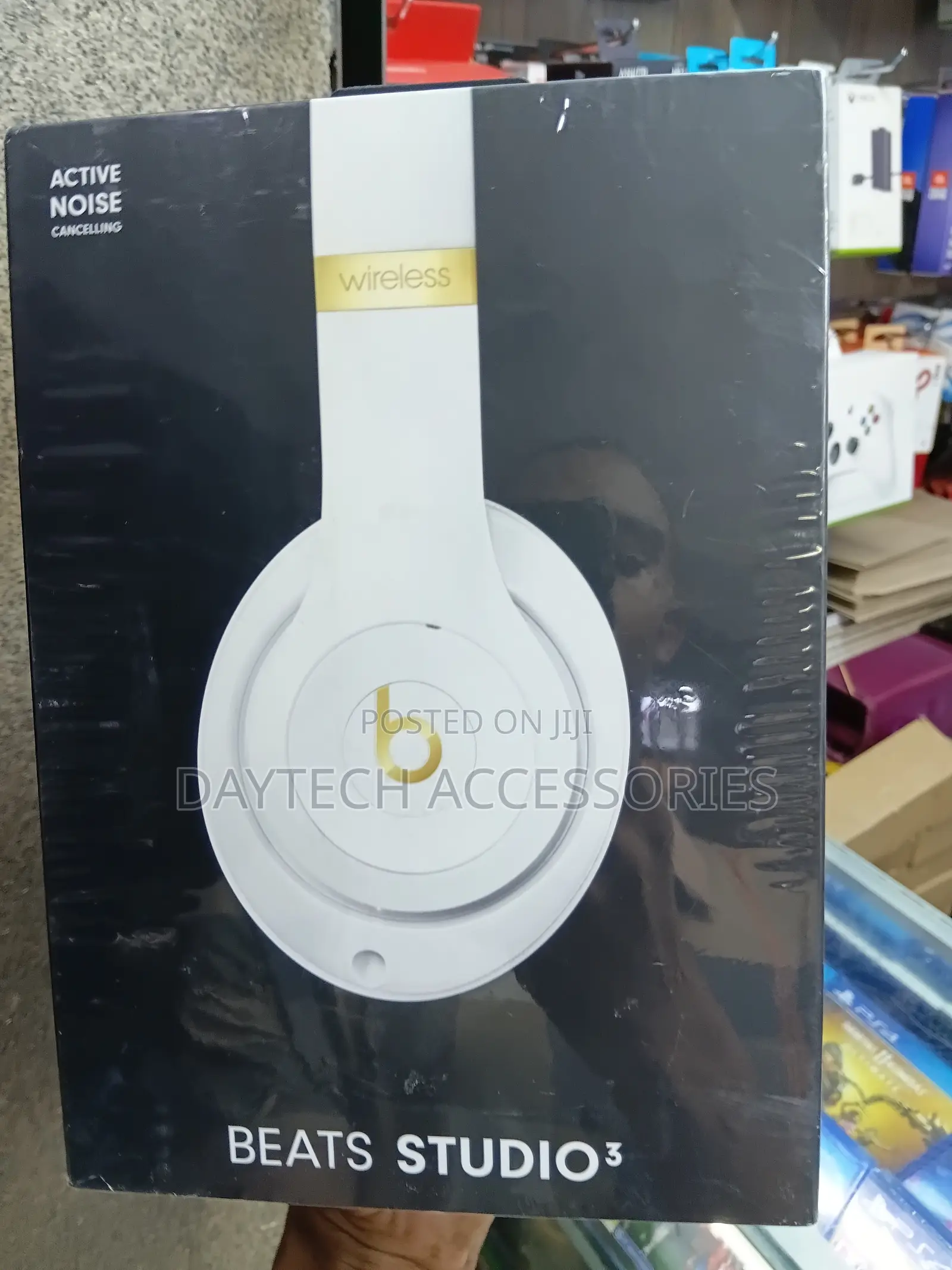 The Beats Studio3 Wireless Headphones in White With Gold Accents.