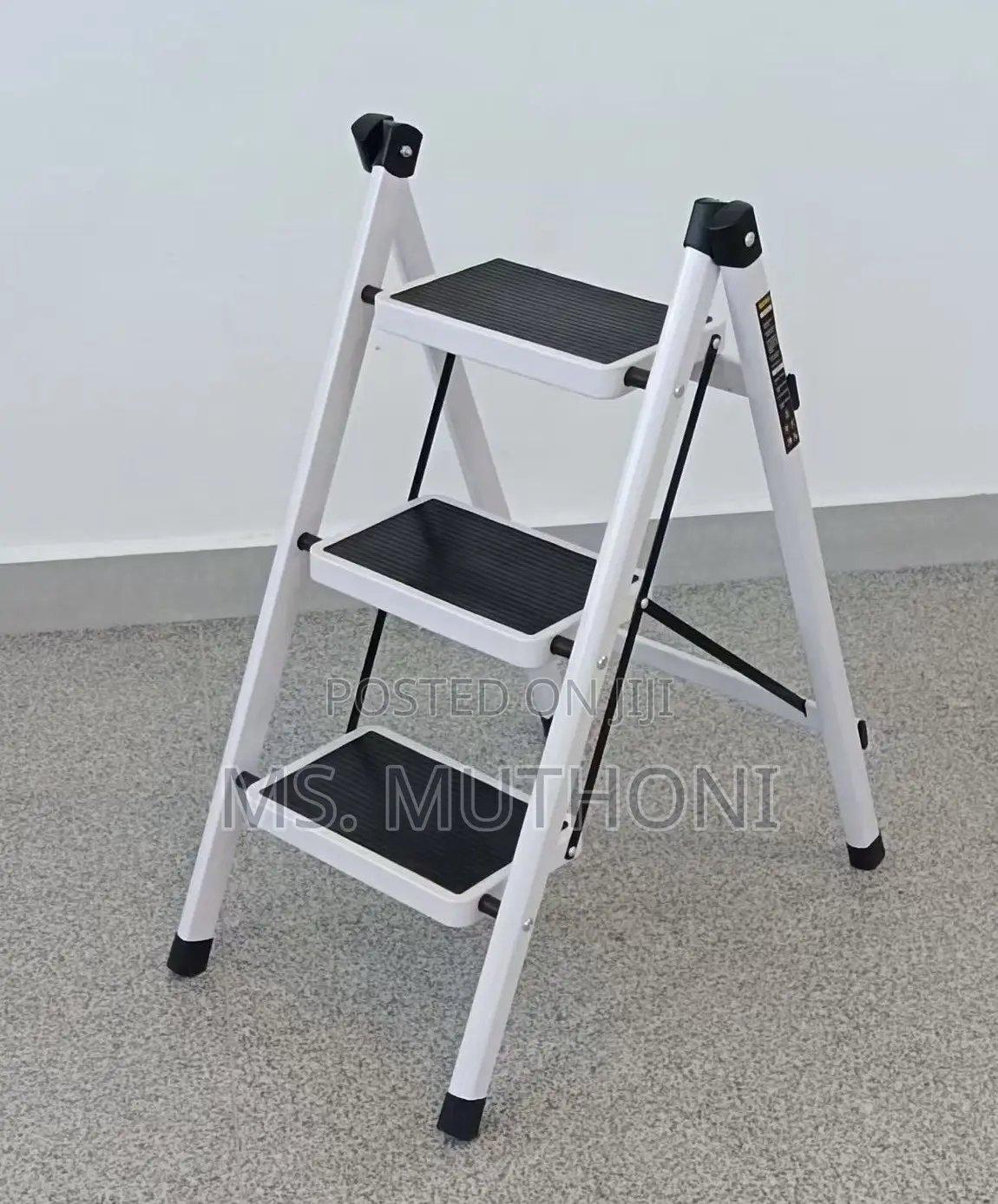 White and Black 3-Step Foldable Steel Household Step Ladder.