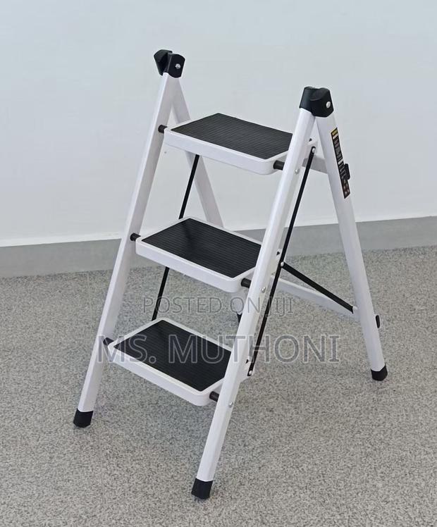 White and Black 3-Step Foldable Steel Household Step Ladder.