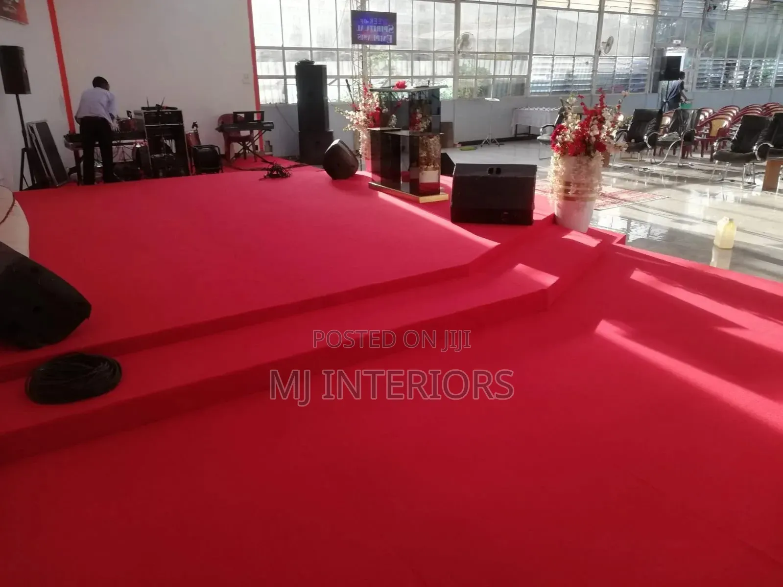 Bright Red Delta Carpet For Church Entrance And Altar