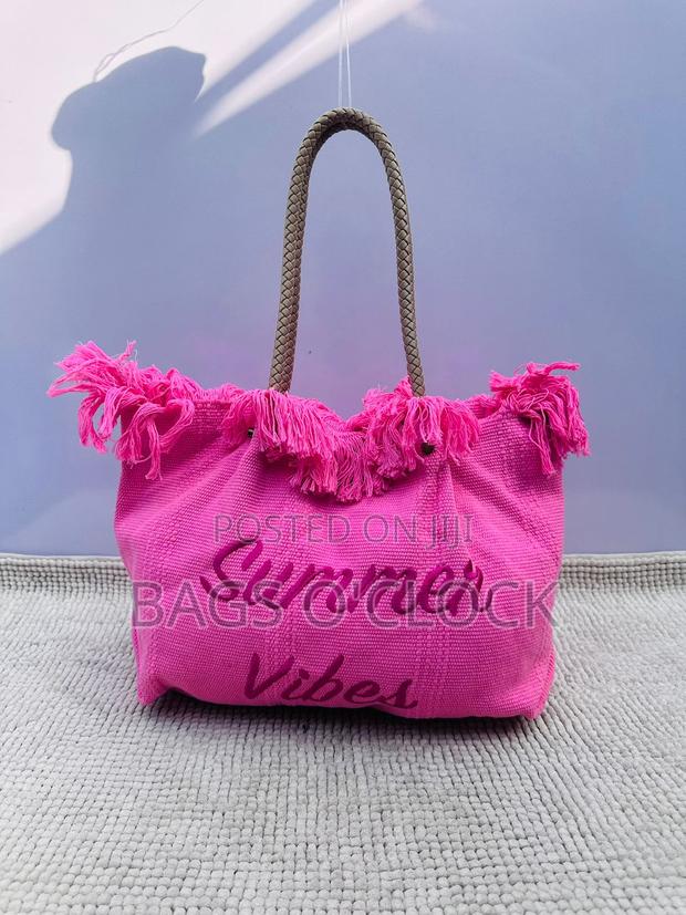 Trendy "Summer Vibes" Pink Canvas Tote Bag With Fringe Detail