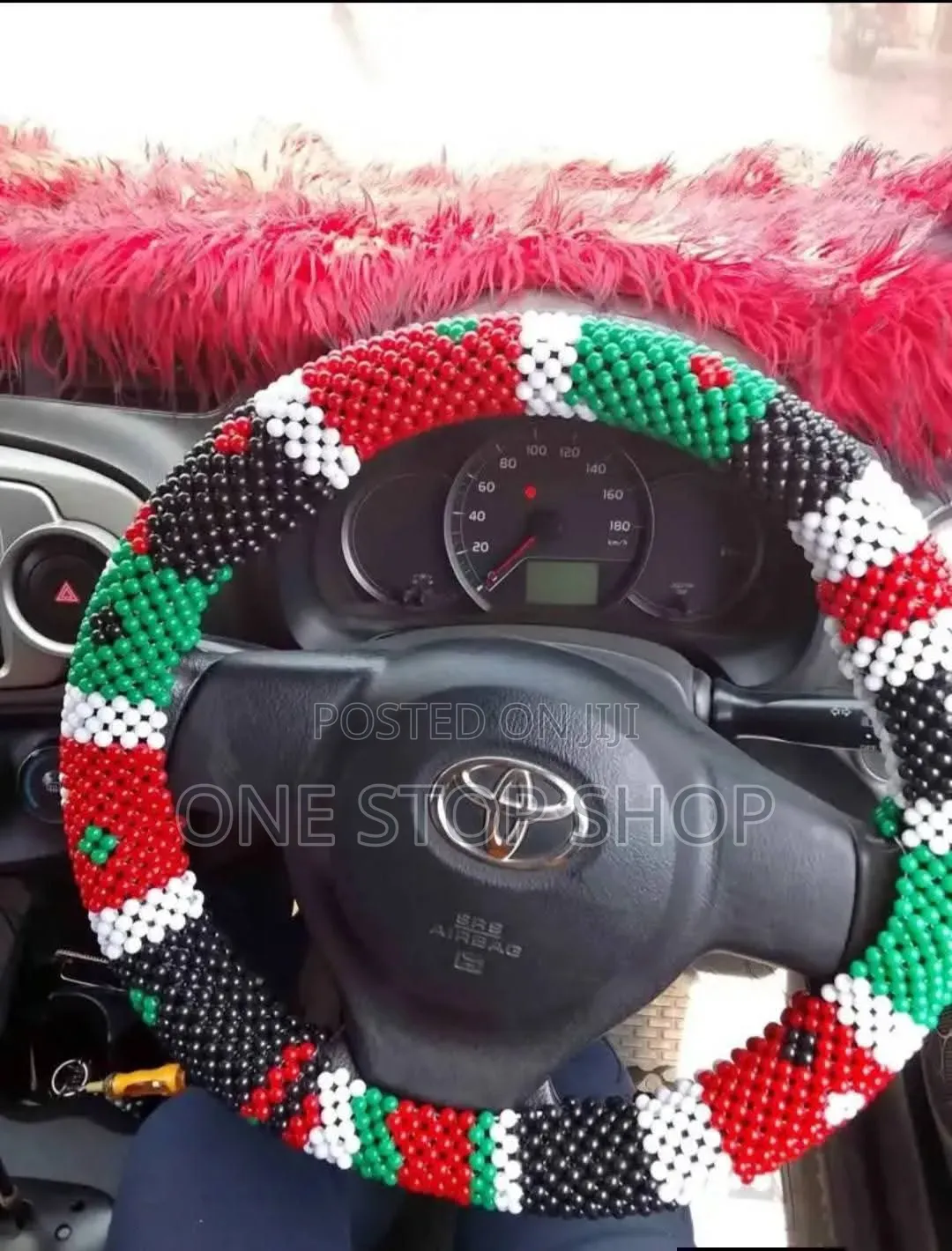 Hand Made Beaded Steering Cover With Kenya National Colors Pattern