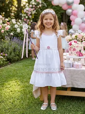 KNK White Flutter Girls Dress With Hair Tie and Wand