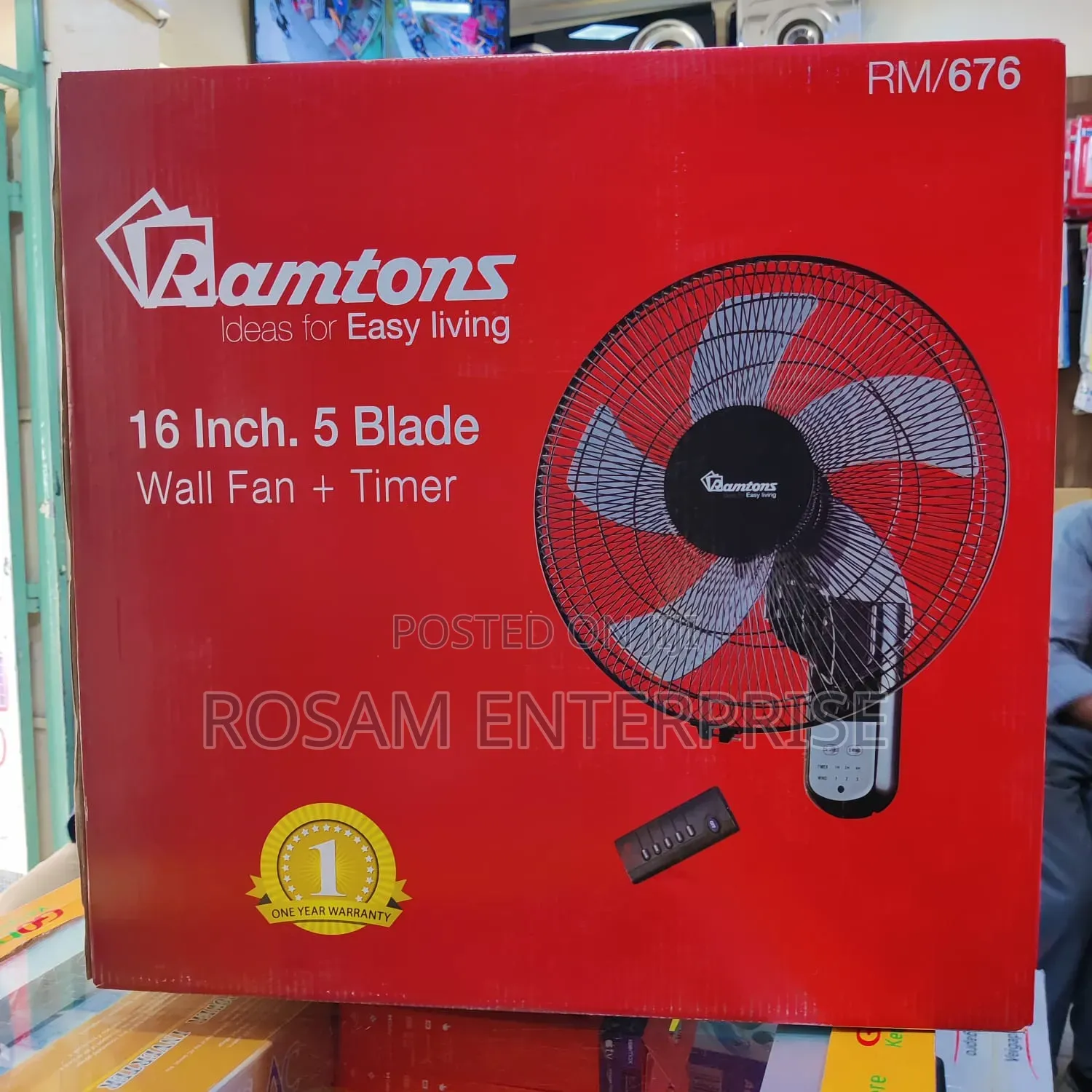 Ramtons 16" Wall Fan 5 Blades With Remote