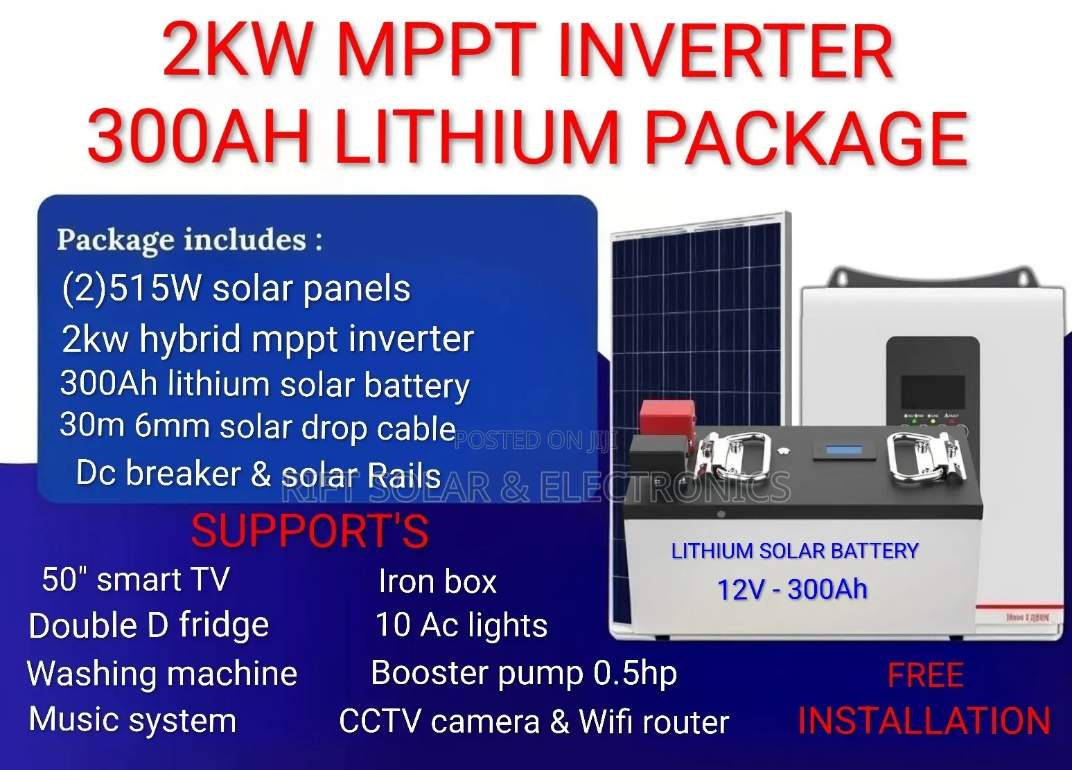 Boma 2kw Inverter - 300ah Lithium Battery - (2)515w Solar Panels Kit