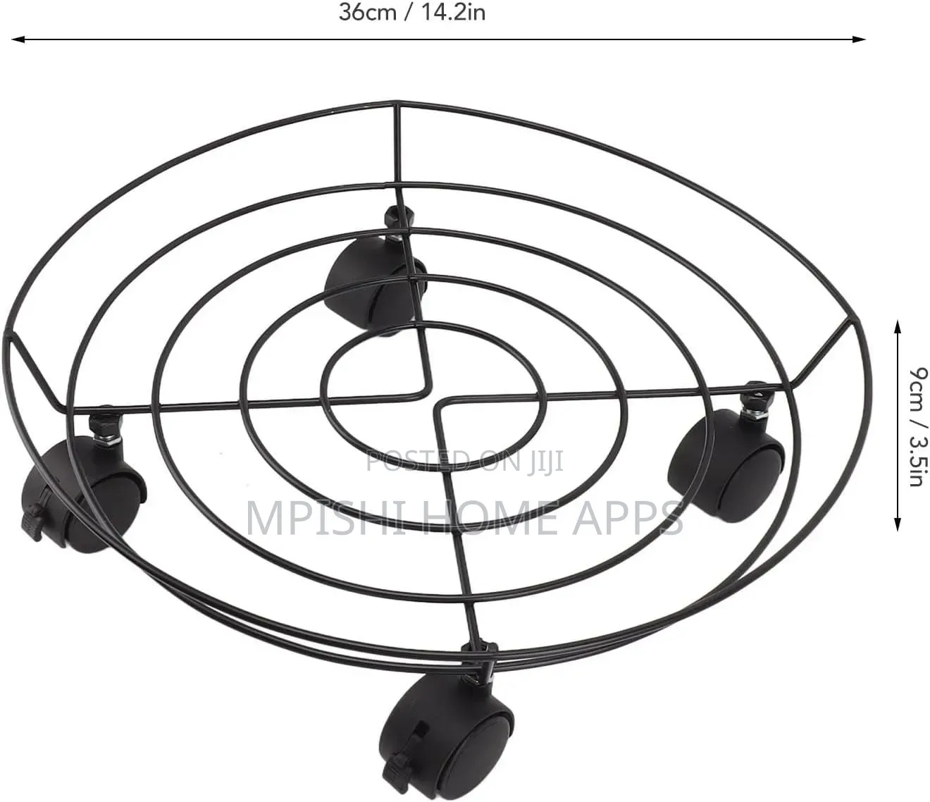 Black Metal Plant Stand Trolley With Rolling Wheels.