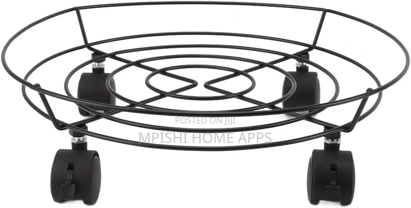 Black Metal Plant Stand Trolley With Rolling Wheels.
