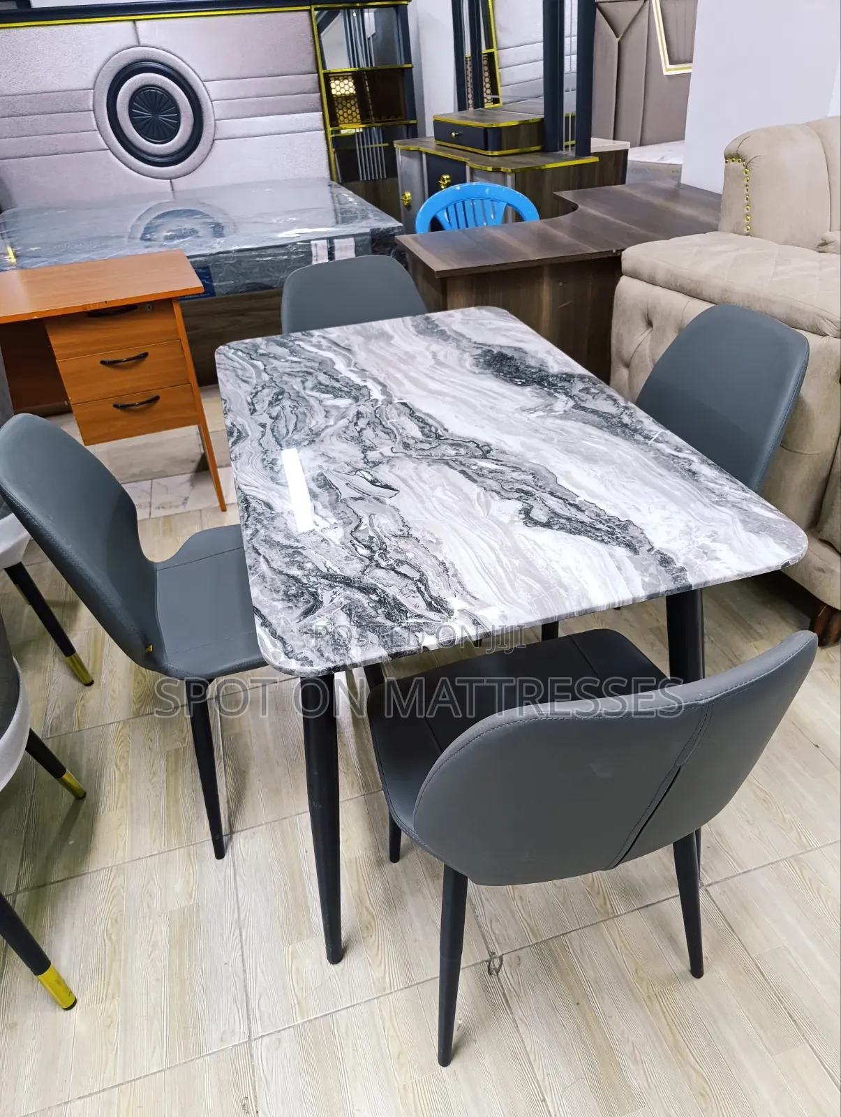 Now Available! Dining Set With Marble Top Table + 4 Leather Chairs.