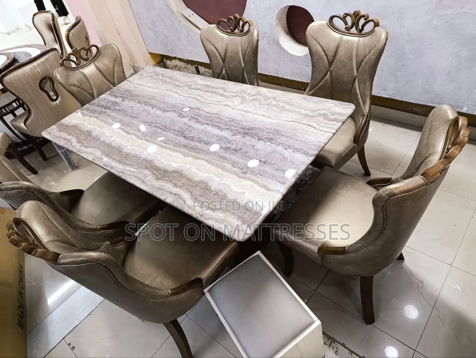 Exquisite Dining Table Set. Marble Top Table+ 6 Pure Leather Seats.