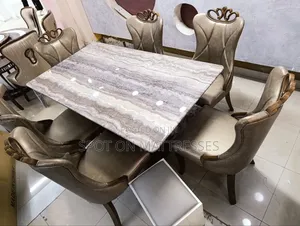 Exquisite Dining Table Set. Marble Top Table+ 6 Pure Leather Seats.