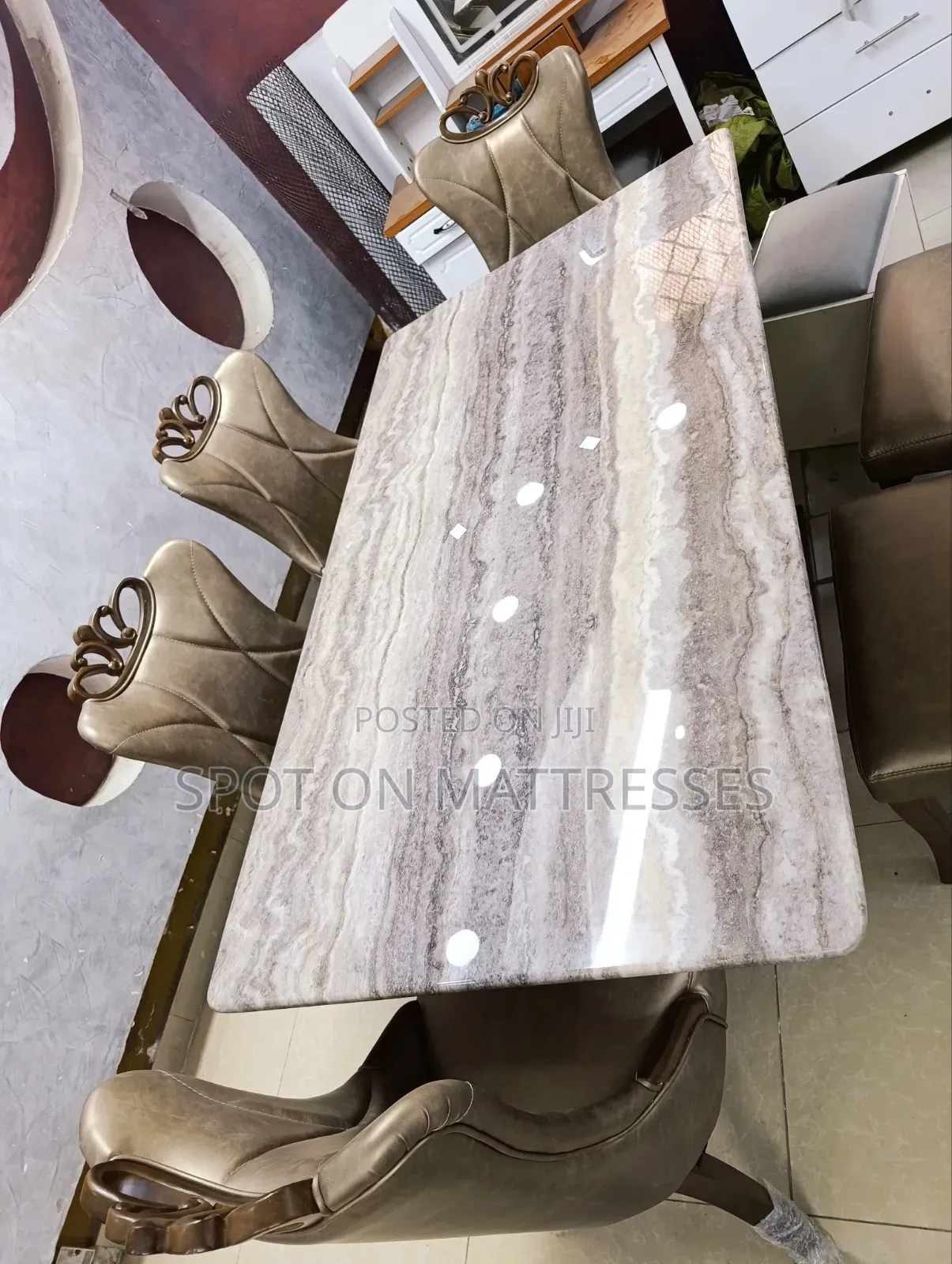 Exquisite Dining Table Set. Marble Top Table+ 6 Pure Leather Seats.