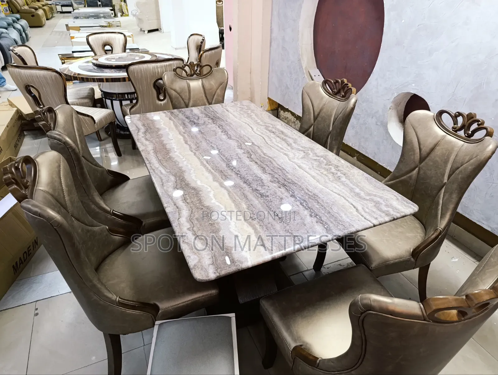 Exquisite Dining Table Set. Marble Top Table+ 6 Pure Leather Seats.