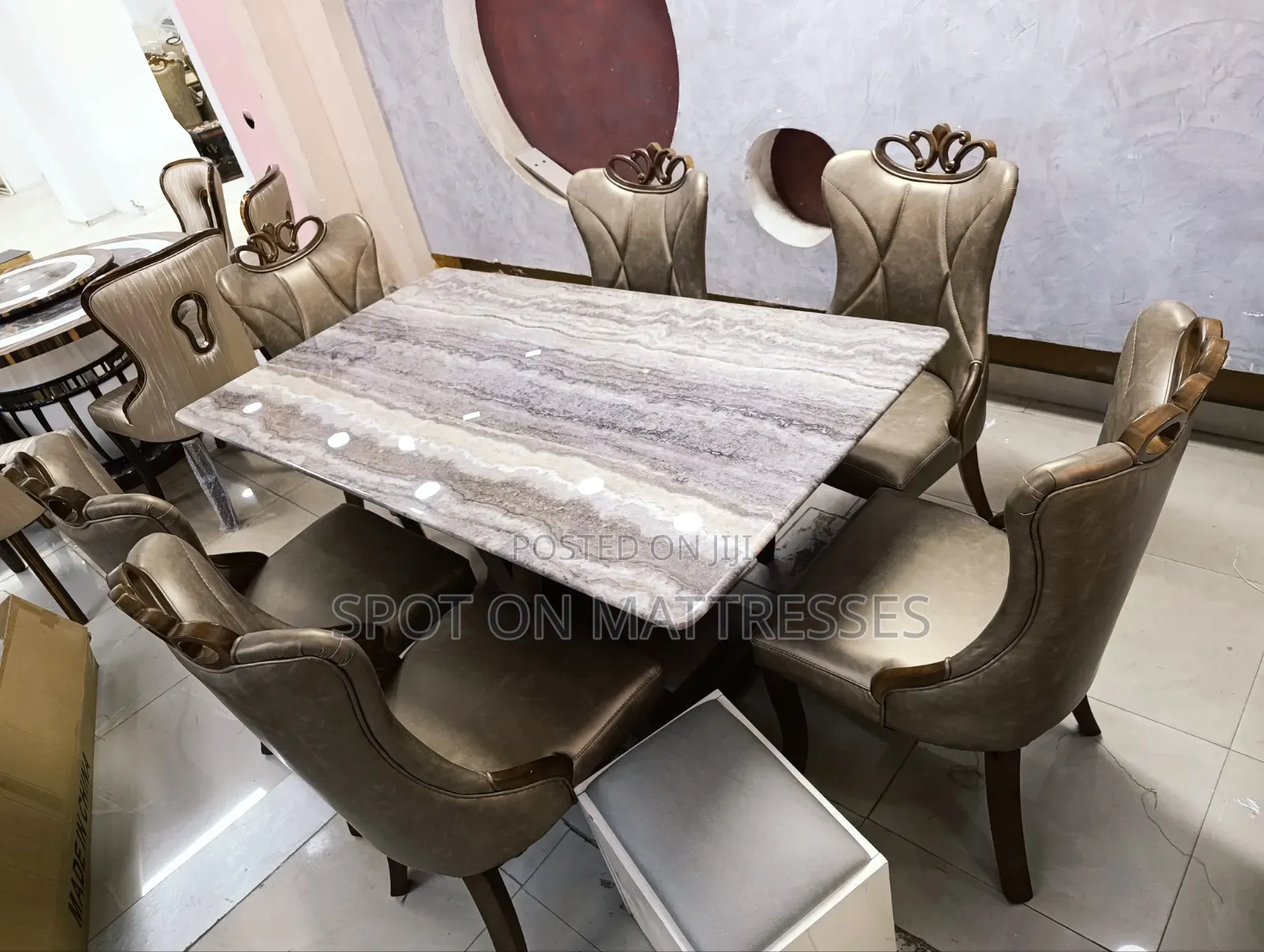 Exquisite Dining Table Set. Marble Top Table+ 6 Pure Leather Seats.