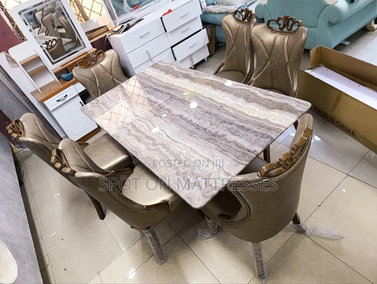 Exquisite Dining Table Set. Marble Top Table+ 6 Pure Leather Seats.