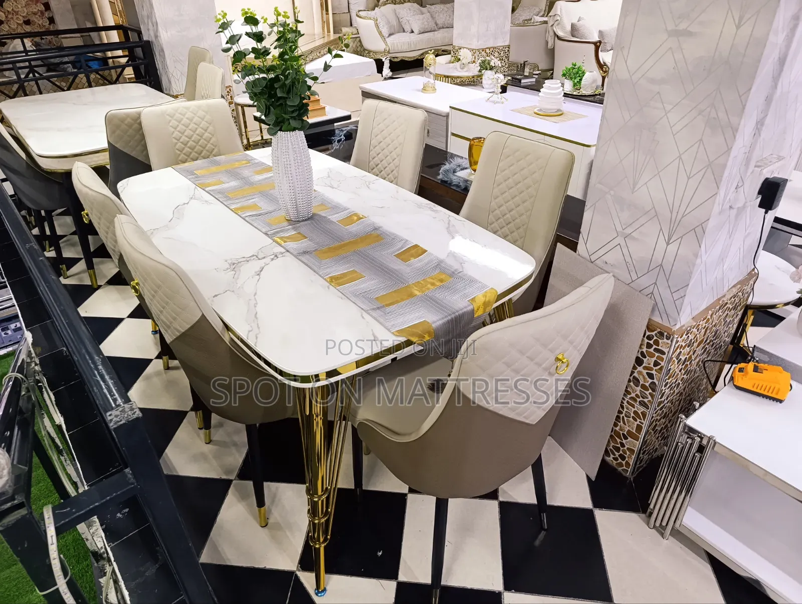 Top-Tier Dining Table Set. Marble Top Table + 6 Leather Seats.