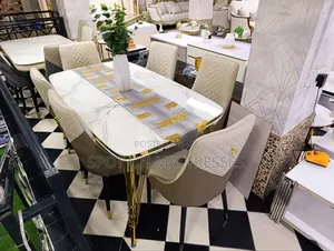 Top-Tier Dining Table Set. Marble Top Table + 6 Leather Seats.