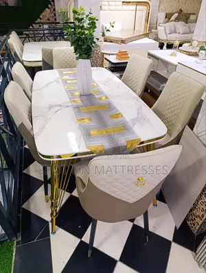 Top-Tier Dining Table Set. Marble Top Table + 6 Leather Seats.