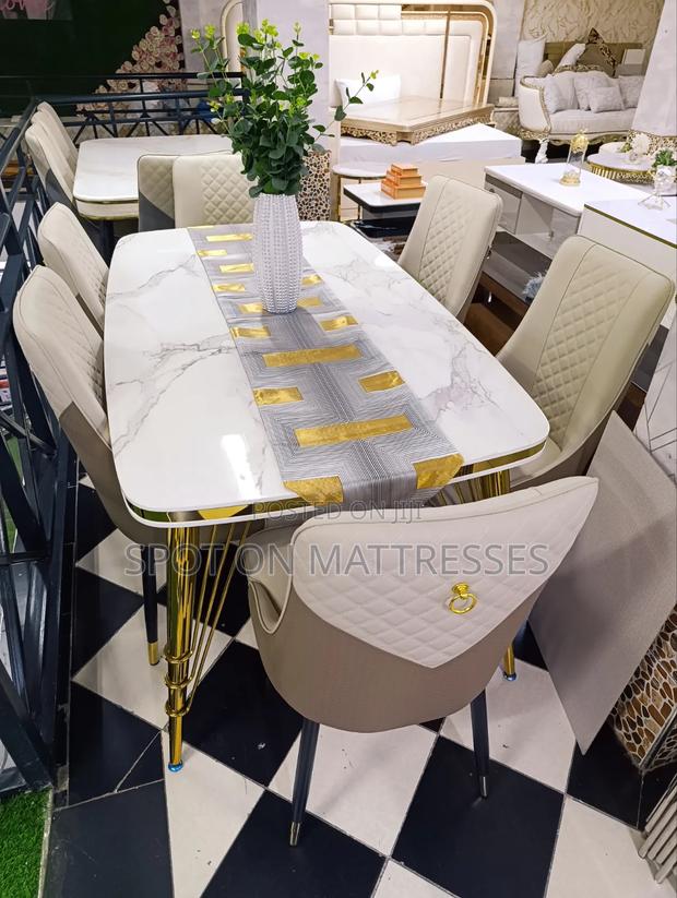 Top-Tier Dining Table Set. Marble Top Table + 6 Leather Seats. - thumbnail 2