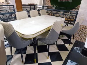 Top-Tier Dining Table Set. Marble Top Table + 6 Leather Seats.