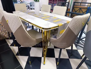 Top-Tier Dining Table Set. Marble Top Table + 6 Leather Seats.