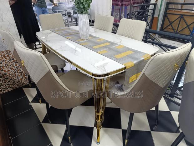 Top-Tier Dining Table Set. Marble Top Table + 6 Leather Seats. - thumbnail 8