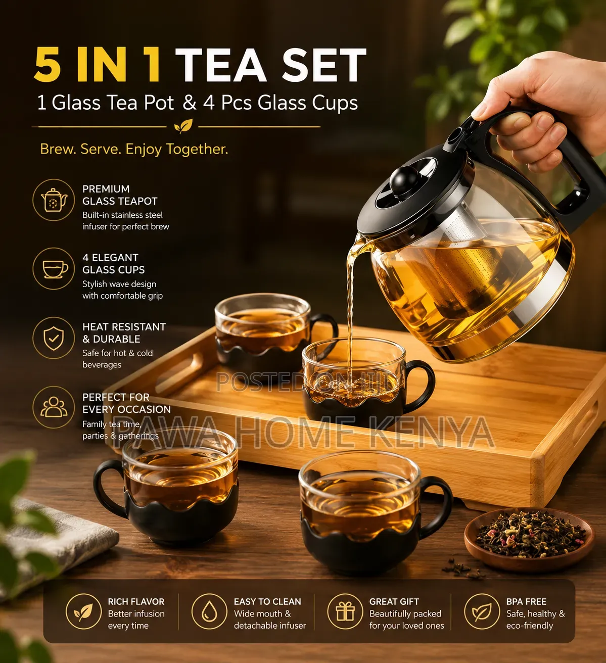 5 in 1 Heat Resistant Borosilicate Glass Tea Pot