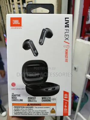 The JBL Live Flex True Wireless Noise Cancelling Earbuds in Black.