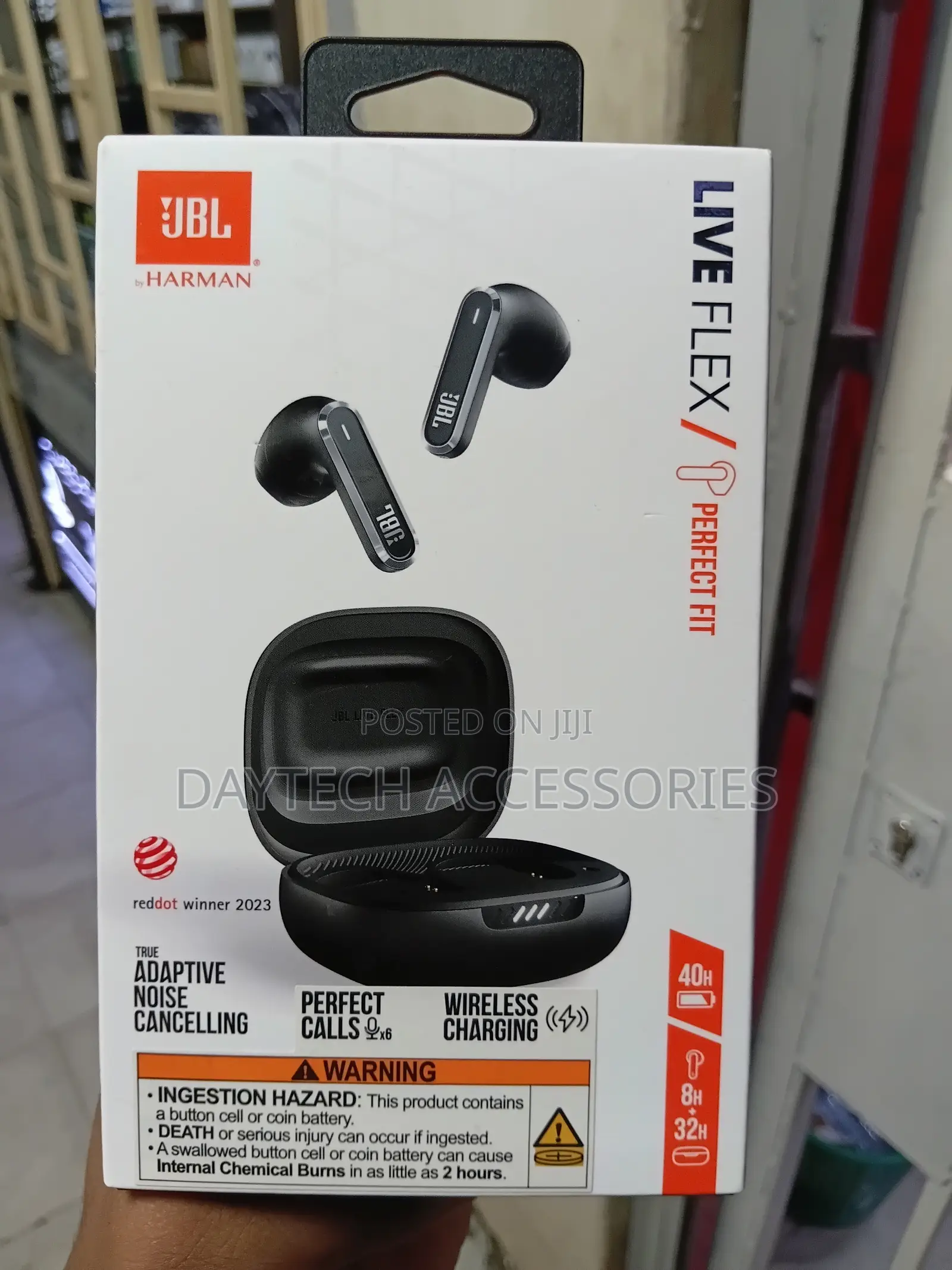 The JBL Live Flex True Wireless Noise Cancelling Earbuds in Black.