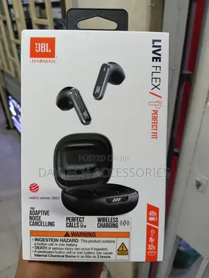 The JBL Live Flex True Wireless Noise Cancelling Earbuds in Black.
