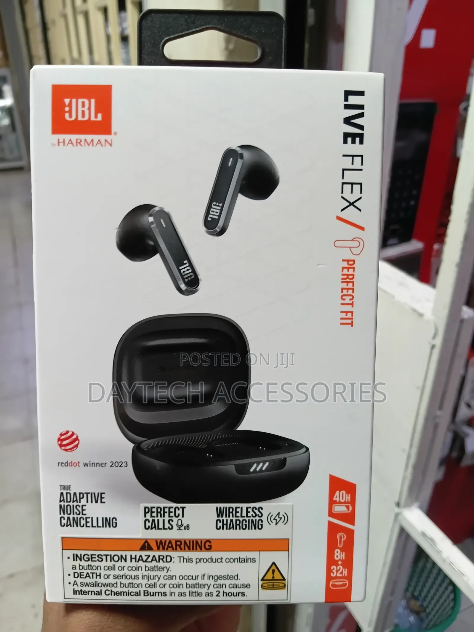 The JBL Live Flex True Wireless Noise Cancelling Earbuds in Black.