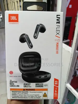 The JBL Live Flex True Wireless Noise Cancelling Earbuds in Black.