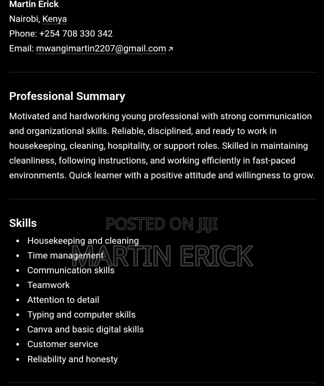Cleaner CV Vaccancy