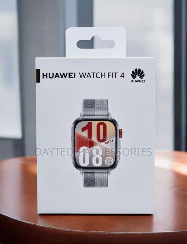 This Is a Huawei Watch Fit 4 Smartwatch With a Grey Nylon Strap.