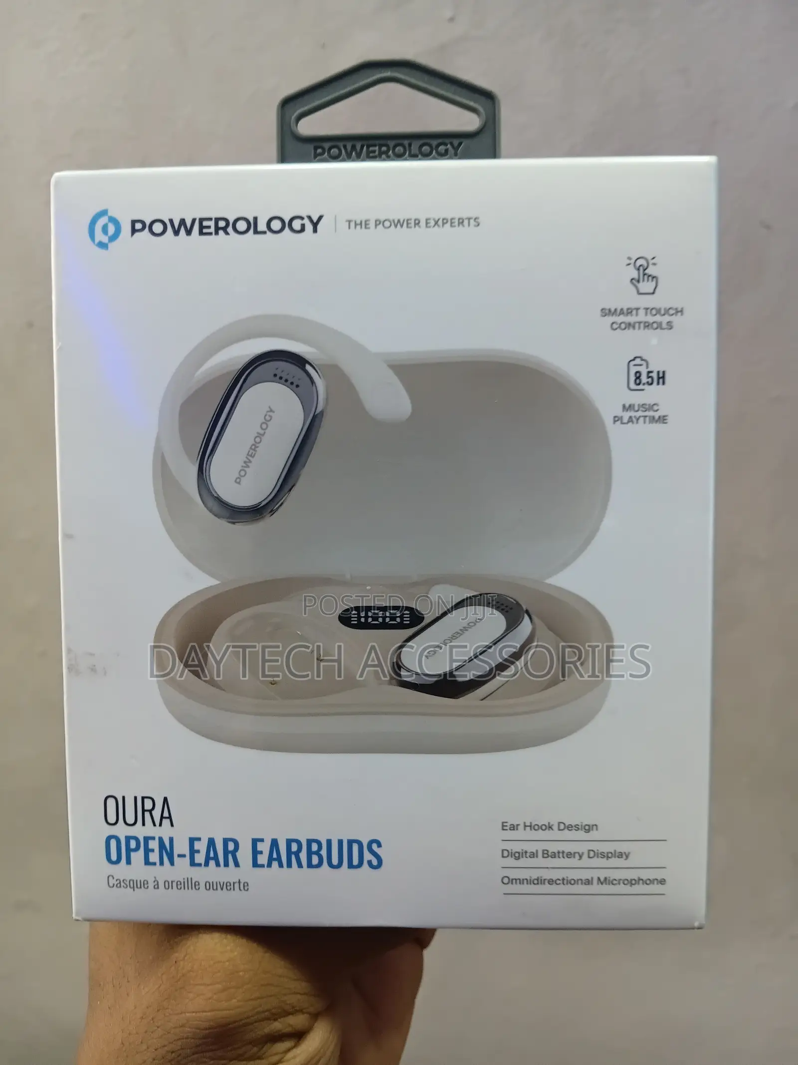 Powerology Oura Open-Ear Earbuds Set With a White Charging Case.