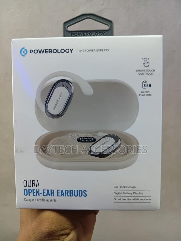Powerology Oura Open-Ear Earbuds Set With a White Charging Case.