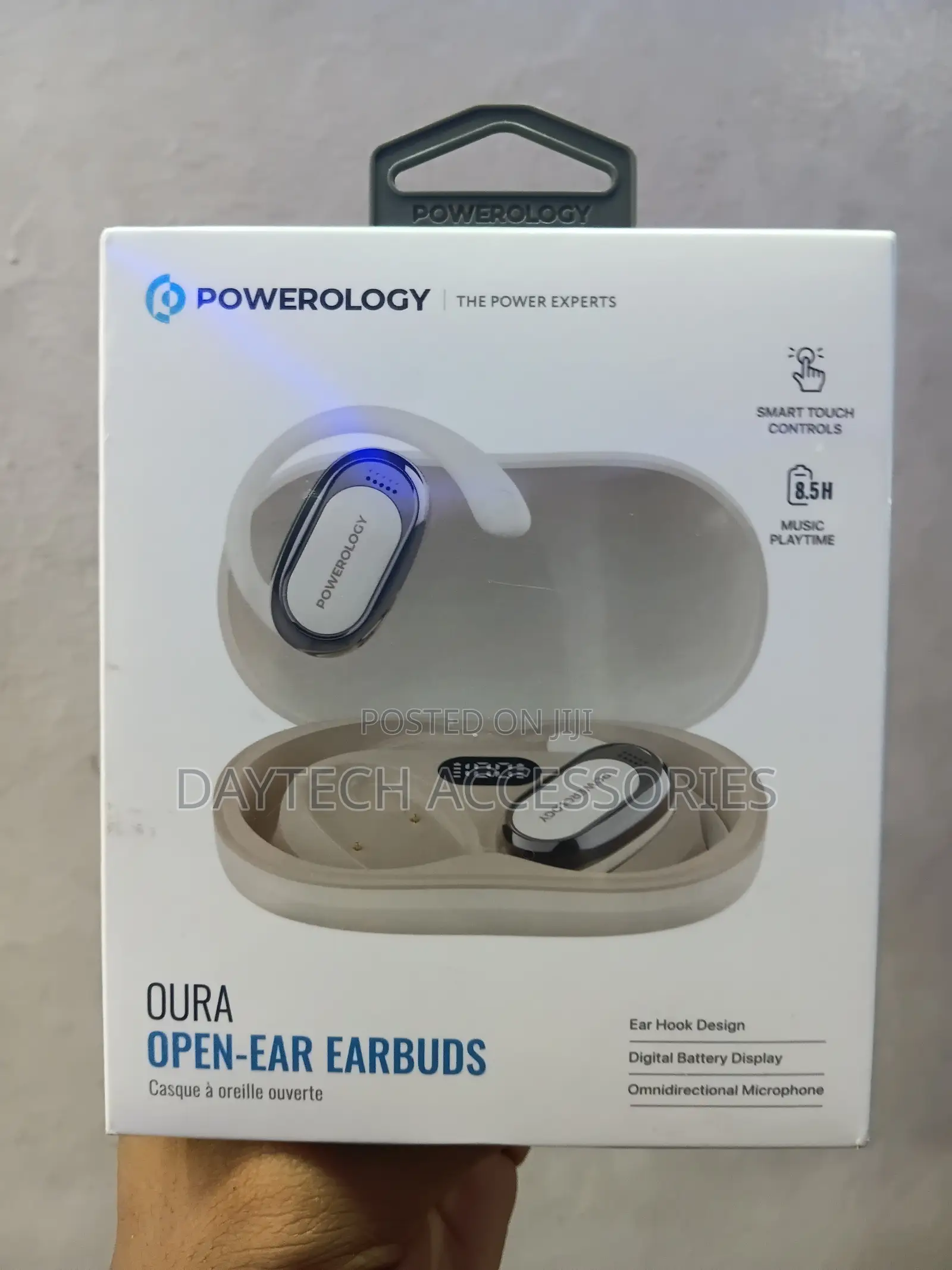 Powerology Oura Open-Ear Earbuds Set With a White Charging Case.