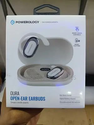 Powerology Oura Open-Ear Earbuds Set With a White Charging Case.