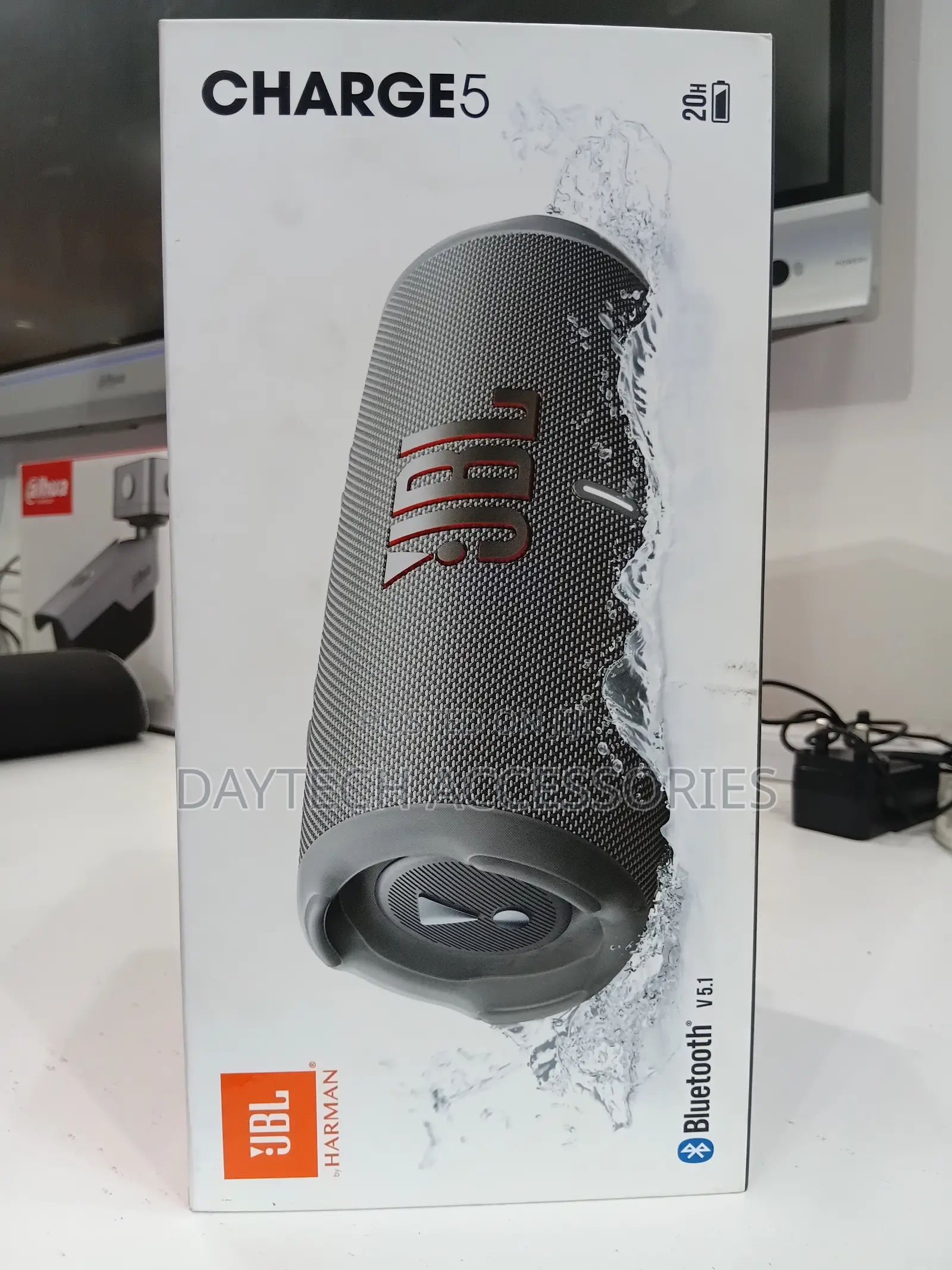 This Is a JBL Charge 5 Portable Waterproof Bluetooth Speaker in Grey.