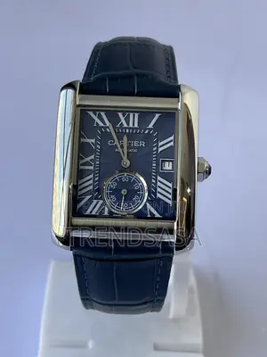 Cartier Tank Blue Dial Navy Blue Leather Straps Stainless Steel Watch