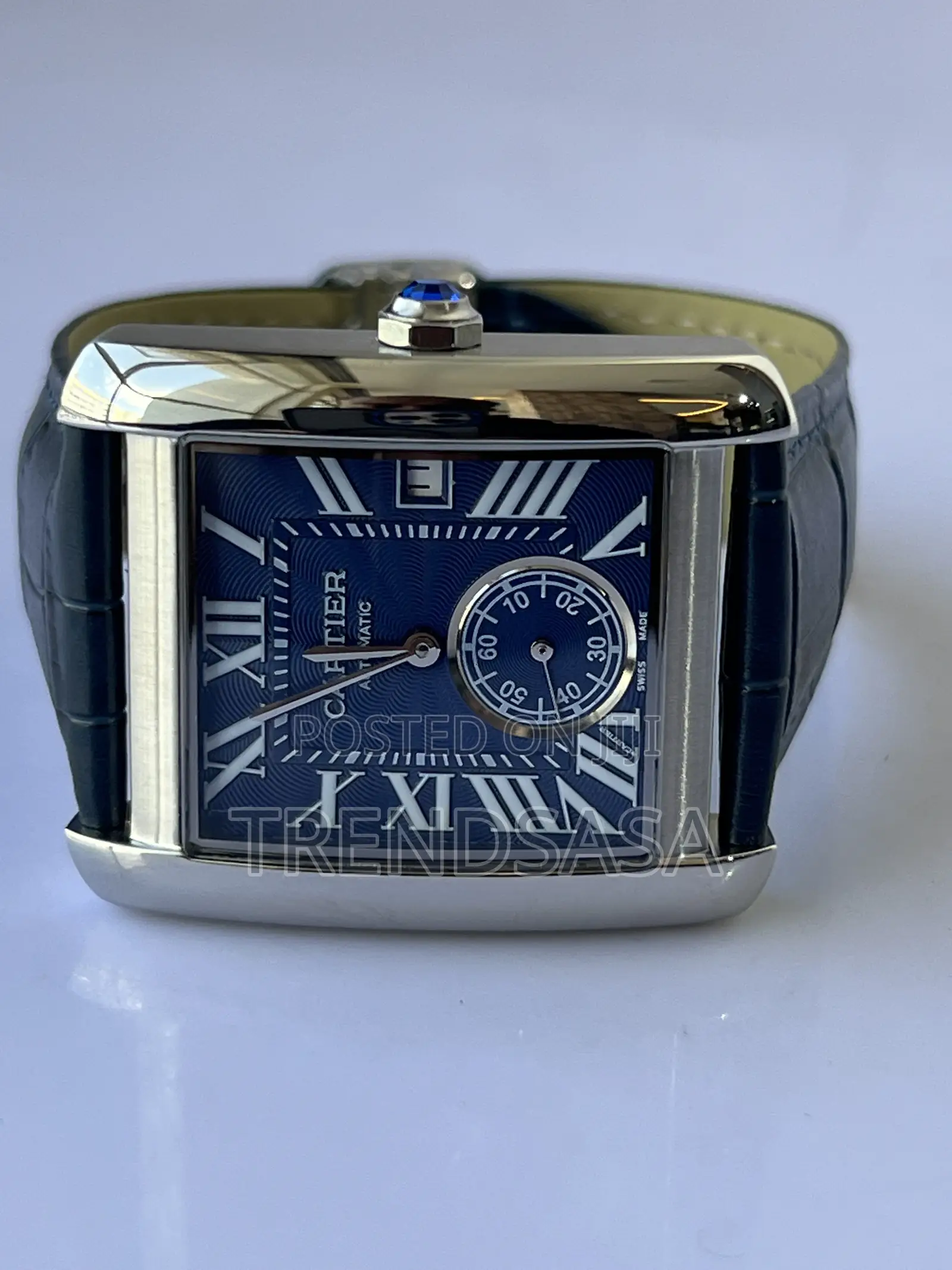 Cartier Tank Blue Dial Navy Blue Leather Straps Stainless Steel Watch