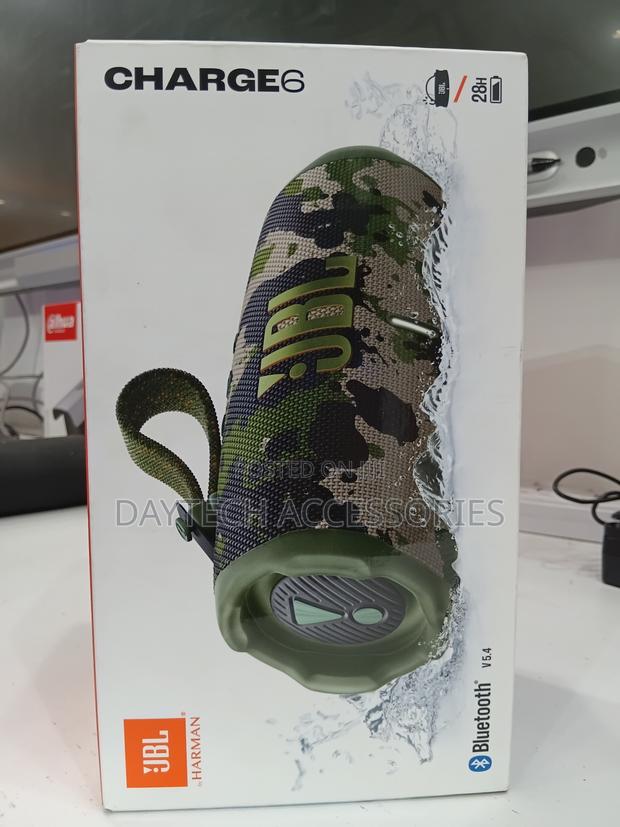 JBL Charge 6 Portable Bluetooth Speaker in a Camouflage Pattern.