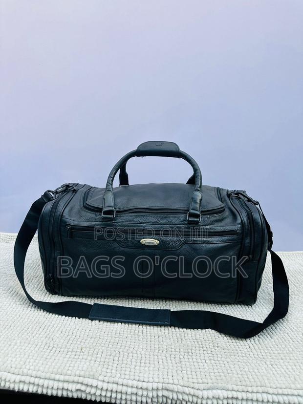 Large Black Leather Travel Duffle Bag - Multi-Pocket Weekender