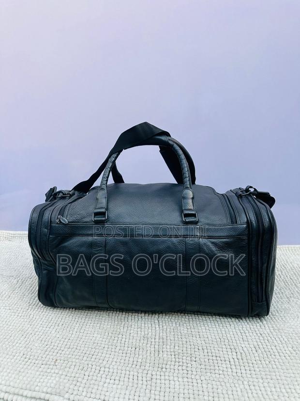 Large Black Leather Travel Duffle Bag - Multi-Pocket Weekender - thumbnail 3