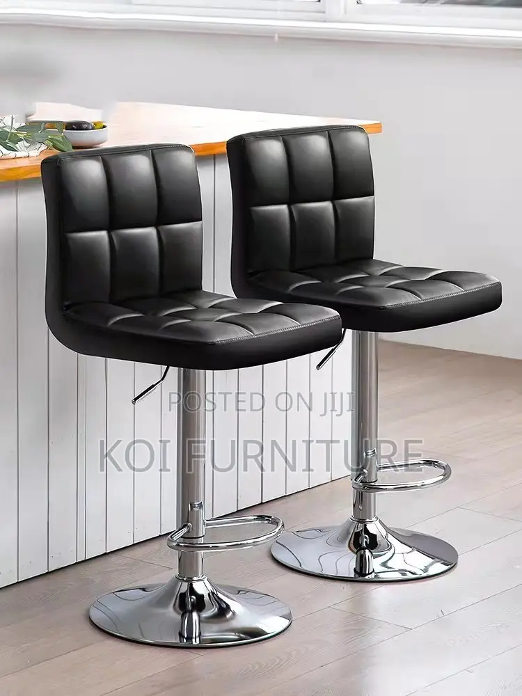 Bar Stool : Modern Black Bar Stools -Quilted Synthetic Leather Seats