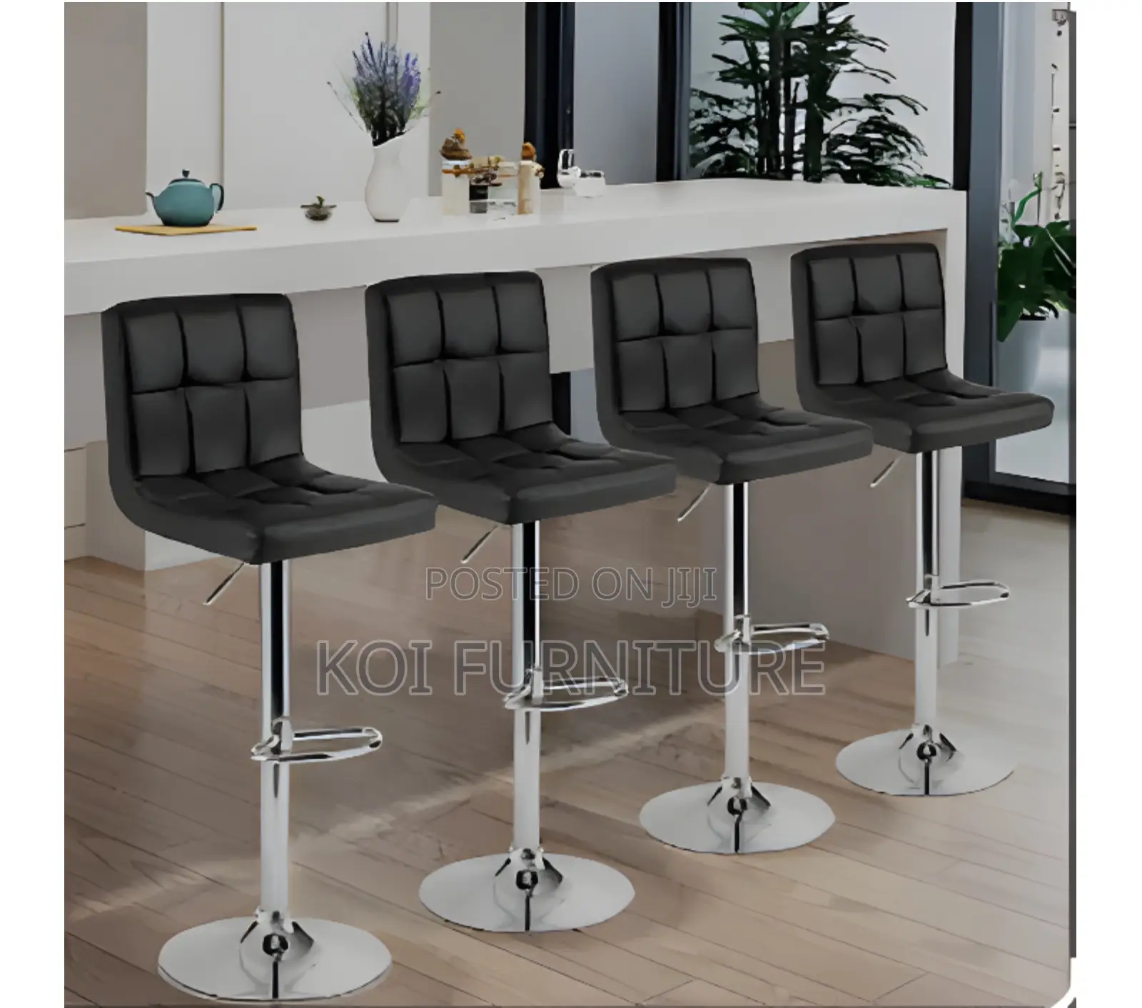 Bar Stool : Modern Black Bar Stools -Quilted Synthetic Leather Seats