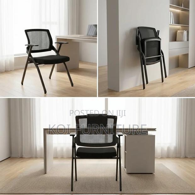 Office Chair:Foldable Mesh Training Chair-Black Cushioned Seat Arms - thumbnail 4